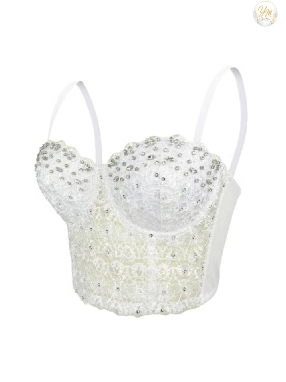 Lace Rhinestone Bustier Corset Crop Top with Underwire Pads Hook and Eye